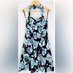 WHBM Floral Halter or Strapless Floral Black and Teal Dress Size 10